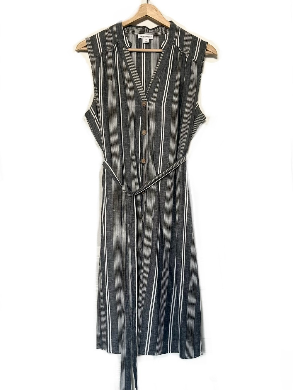 Sleeveless Black & White Striped Belted Midi Dress with V-Neck
